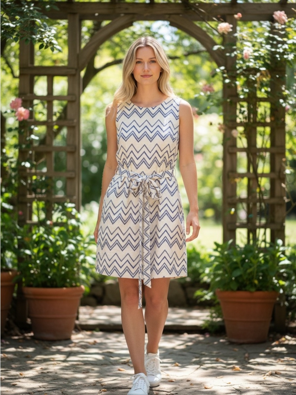 LOFT Blue White Chevron Tie Waist Dress